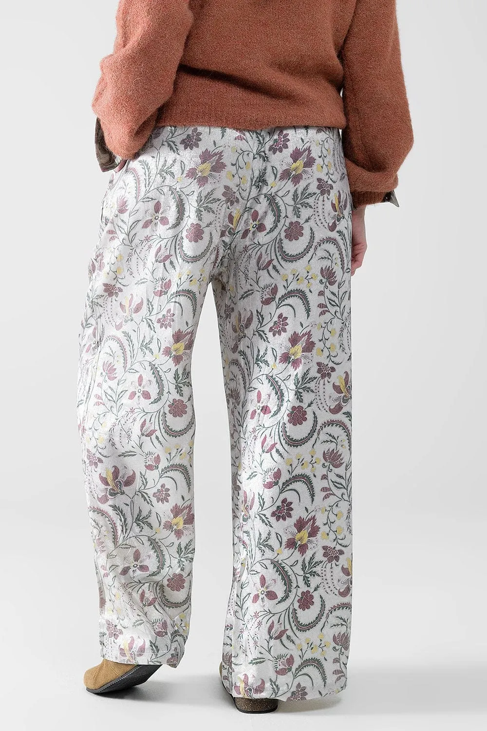 Gray Flower Printed Satin Pants