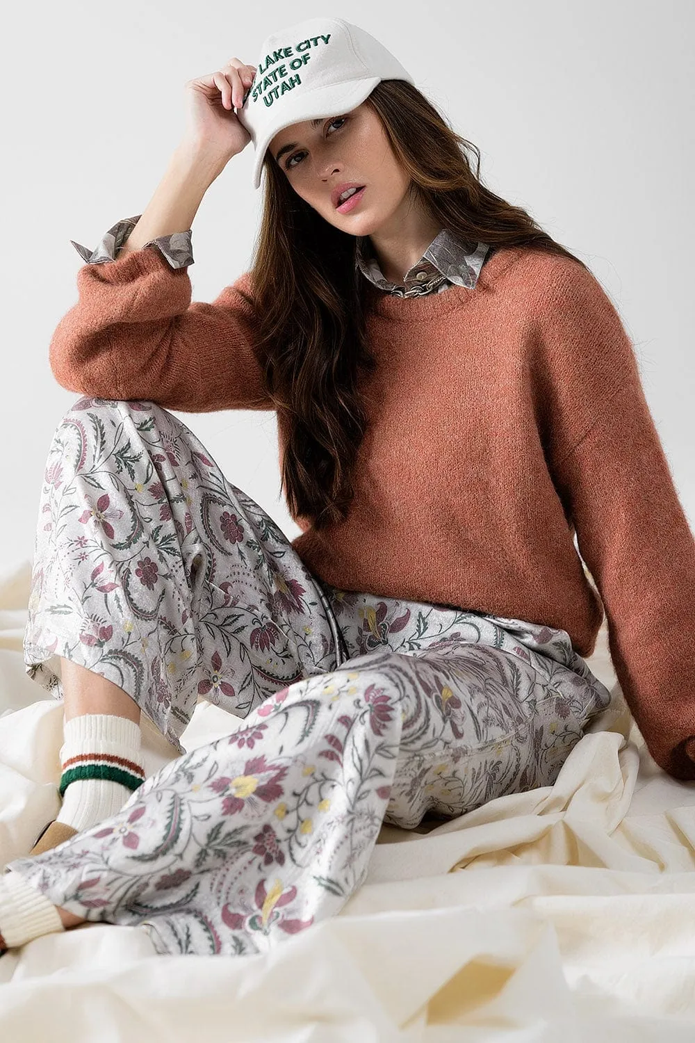 Gray Flower Printed Satin Pants