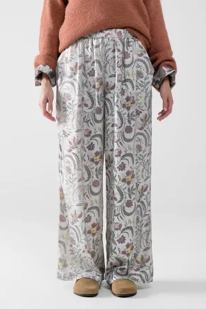 Gray Flower Printed Satin Pants