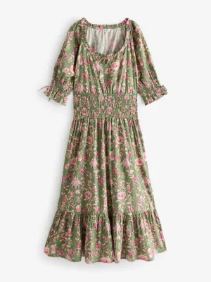 Green 100% cotton shirred waist dress
