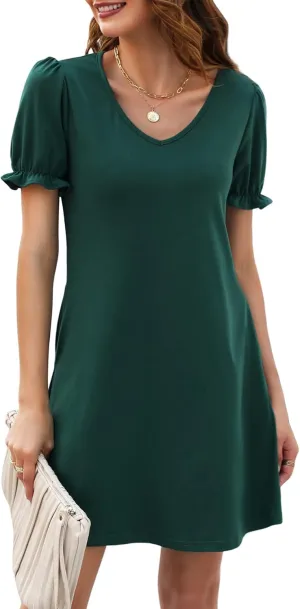 Halife Womens Summer Dresses Casual Puff Short Sleeve V-Neck T Shirt Dress with Pockets