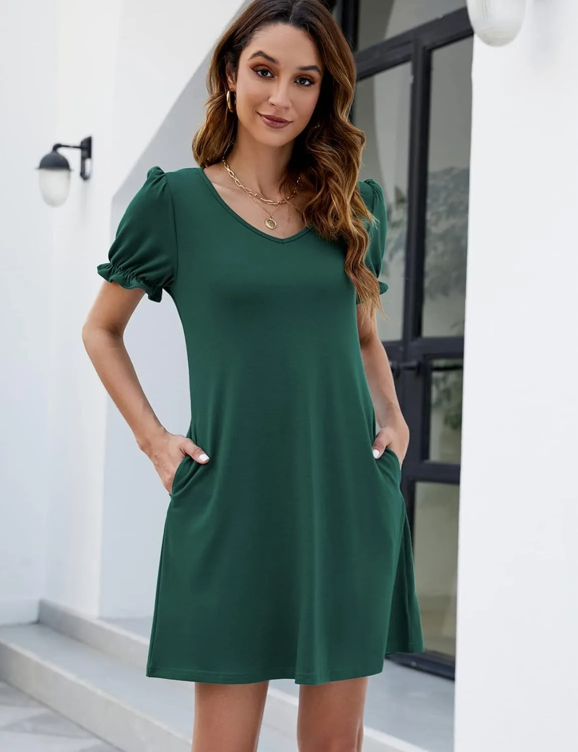 Halife Womens Summer Dresses Casual Puff Short Sleeve V-Neck T Shirt Dress with Pockets