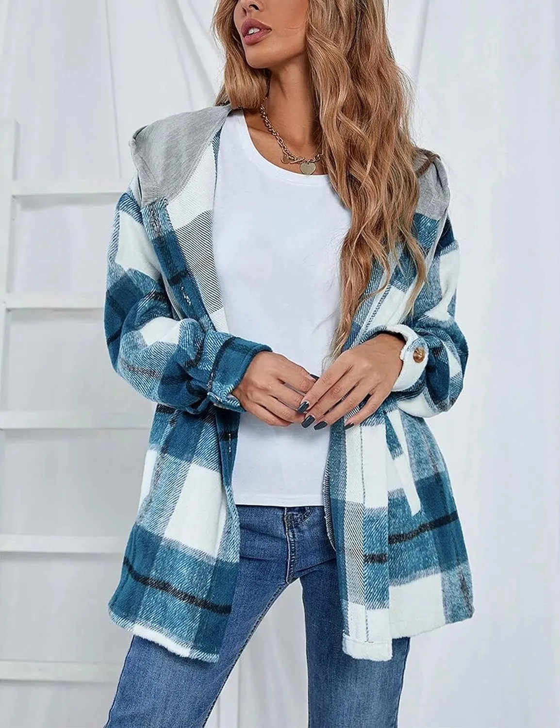 HangNiFang Womens Plaid Flannel Hoodie Shirts Long Sleeve Button Down Jacket Coats