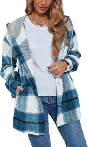 HangNiFang Womens Plaid Flannel Hoodie Shirts Long Sleeve Button Down Jacket Coats