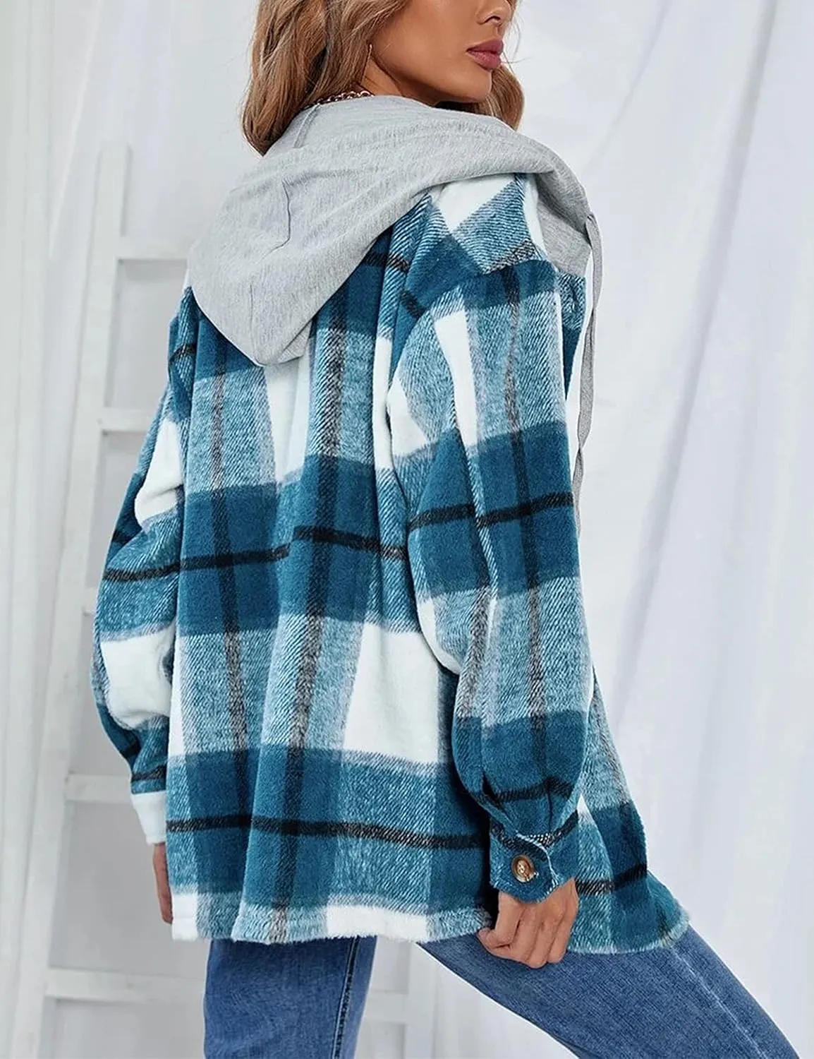 HangNiFang Womens Plaid Flannel Hoodie Shirts Long Sleeve Button Down Jacket Coats