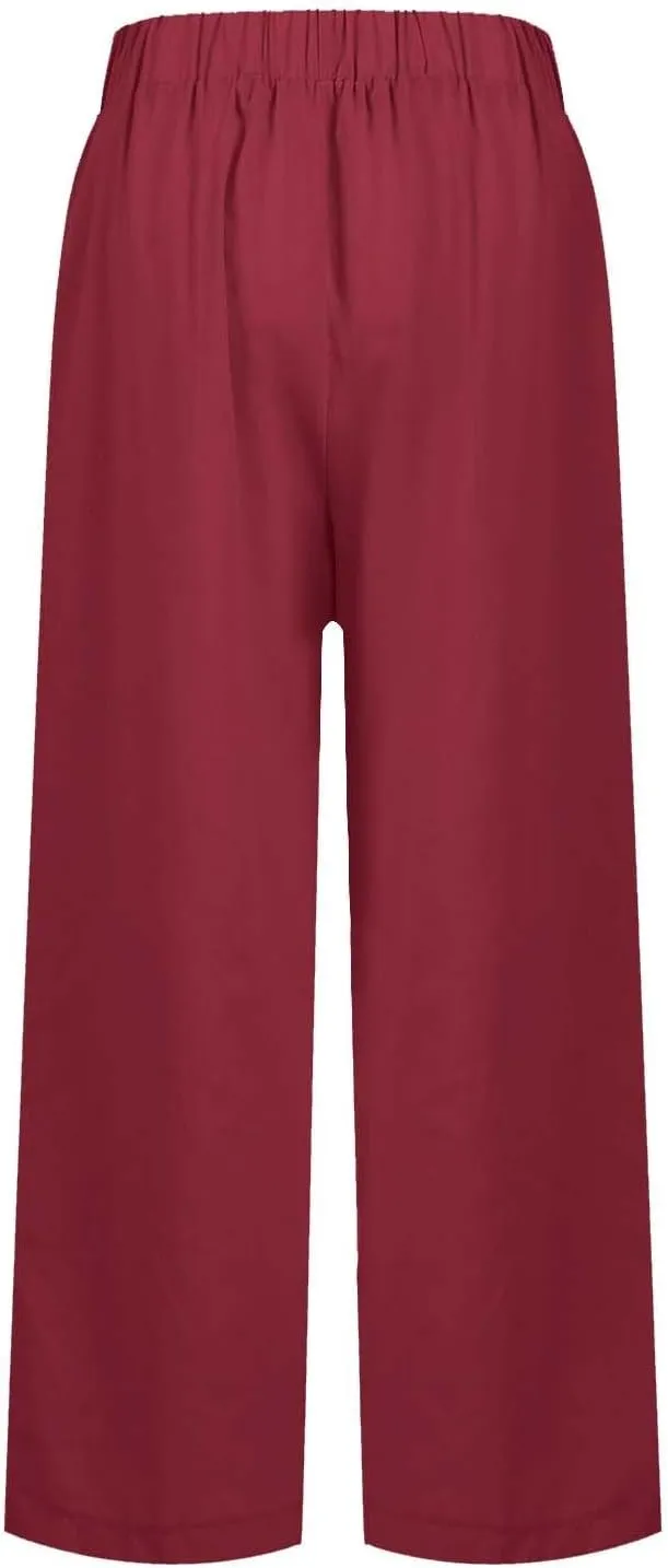 High Waisted Linen Cropped Pants Women Summer Baggy Stretchy Palazzo Lightweight Casual Boho Beach Pants w/Pockets