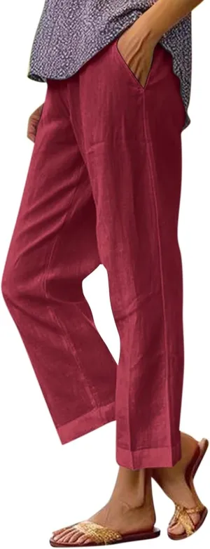 High Waisted Linen Cropped Pants Women Summer Baggy Stretchy Palazzo Lightweight Casual Boho Beach Pants w/Pockets