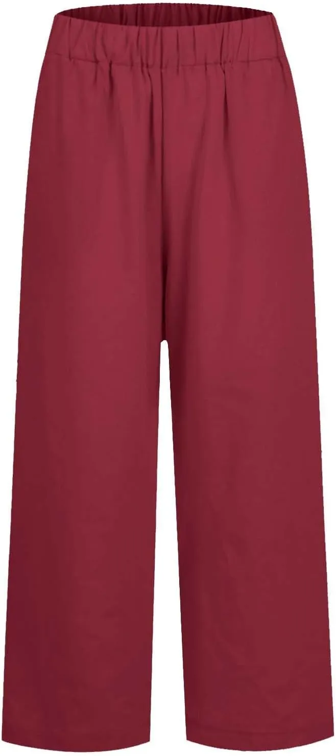 High Waisted Linen Cropped Pants Women Summer Baggy Stretchy Palazzo Lightweight Casual Boho Beach Pants w/Pockets