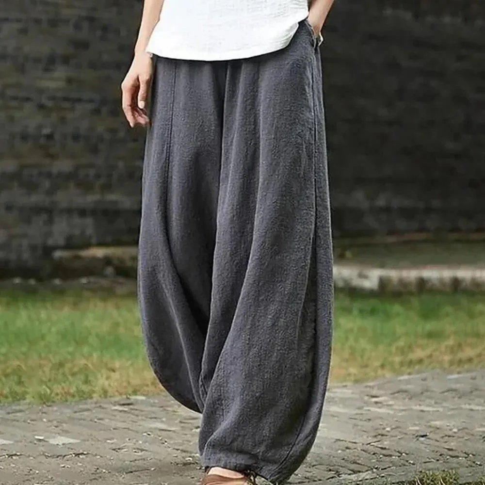 Hndudnff Womens Summer Loose-Fitting Wide Leg Bloomers Harem Pant Solid High Waisted Cotton Trousers