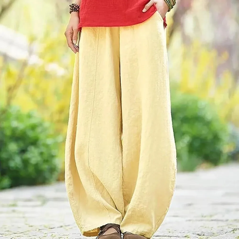 Hndudnff Womens Summer Loose-Fitting Wide Leg Bloomers Harem Pant Solid High Waisted Cotton Trousers