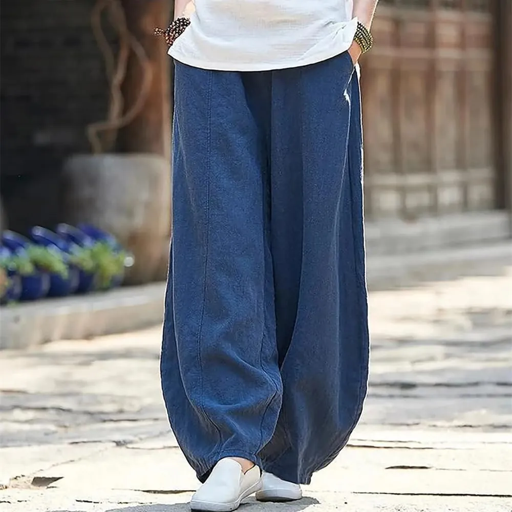 Hndudnff Womens Summer Loose-Fitting Wide Leg Bloomers Harem Pant Solid High Waisted Cotton Trousers