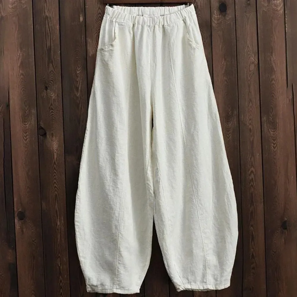 Hndudnff Womens Summer Loose-Fitting Wide Leg Bloomers Harem Pant Solid High Waisted Cotton Trousers