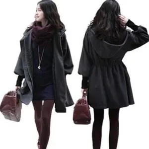 Hooded Belt Slim Thick Wool Long Sleeves Mid-length Coat