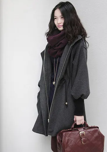 Hooded Belt Slim Thick Wool Long Sleeves Mid-length Coat