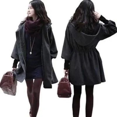 Hooded Belt Slim Thick Wool Long Sleeves Mid-length Coat