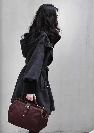 Hooded Belt Slim Thick Wool Long Sleeves Mid-length Coat