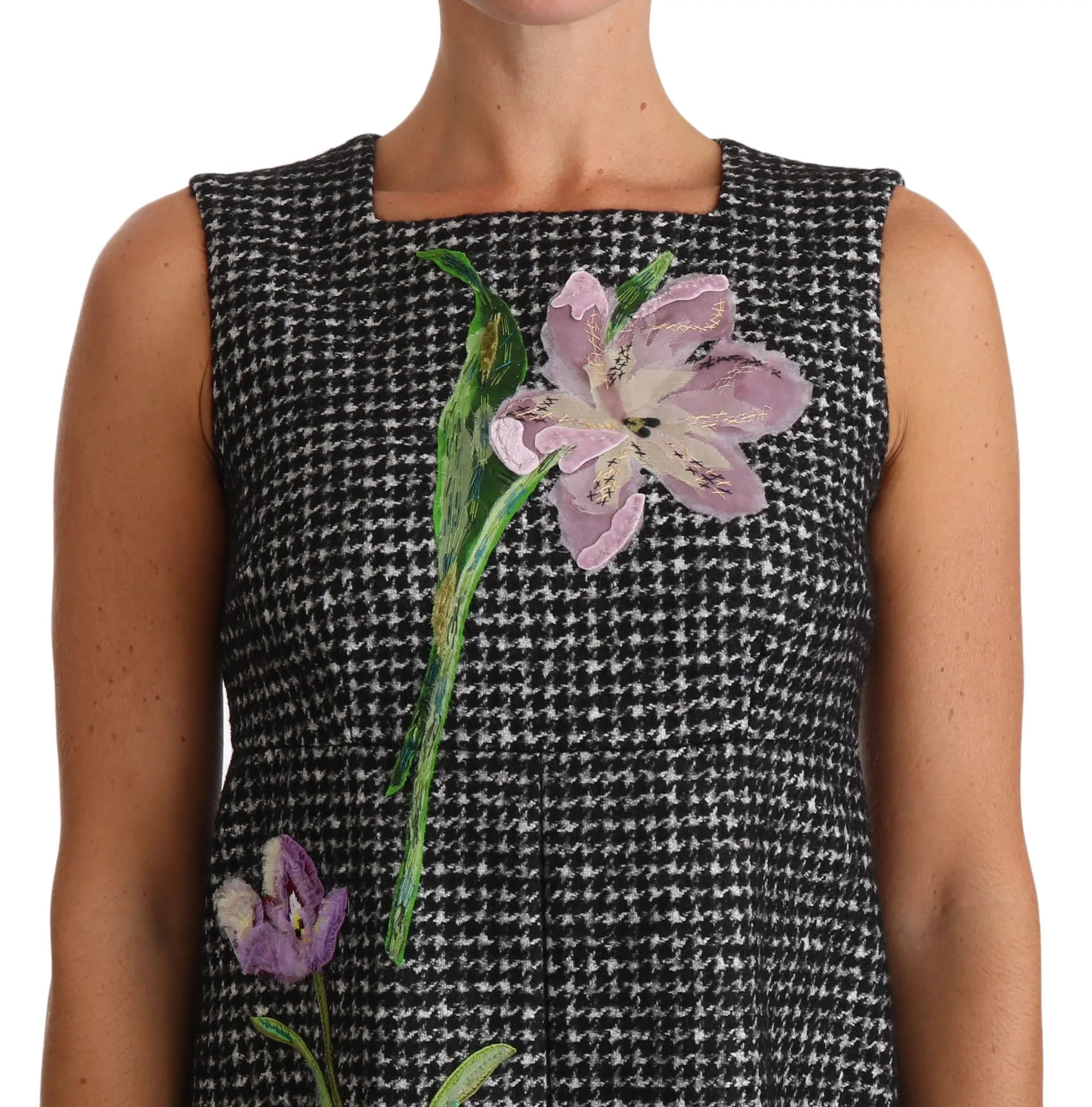 Houndstooth Floral Appliqu Shift Dress