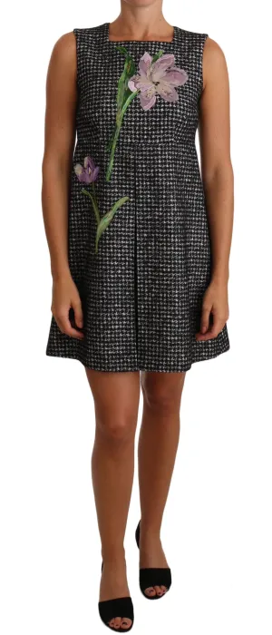 Houndstooth Floral Appliqu Shift Dress