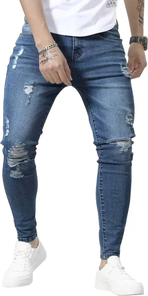 HUNGSON Skinny Jeans for Men Stretch Slim Fit Ripped Distressed(Blue,38)