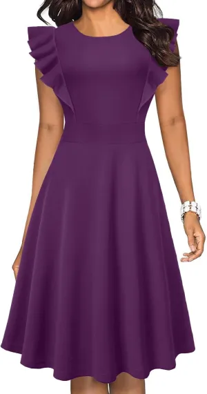 IHOT Women's Vintage Ruffle Floral Flared A Line Swing Casual Cocktail Party Dresses with Pockets