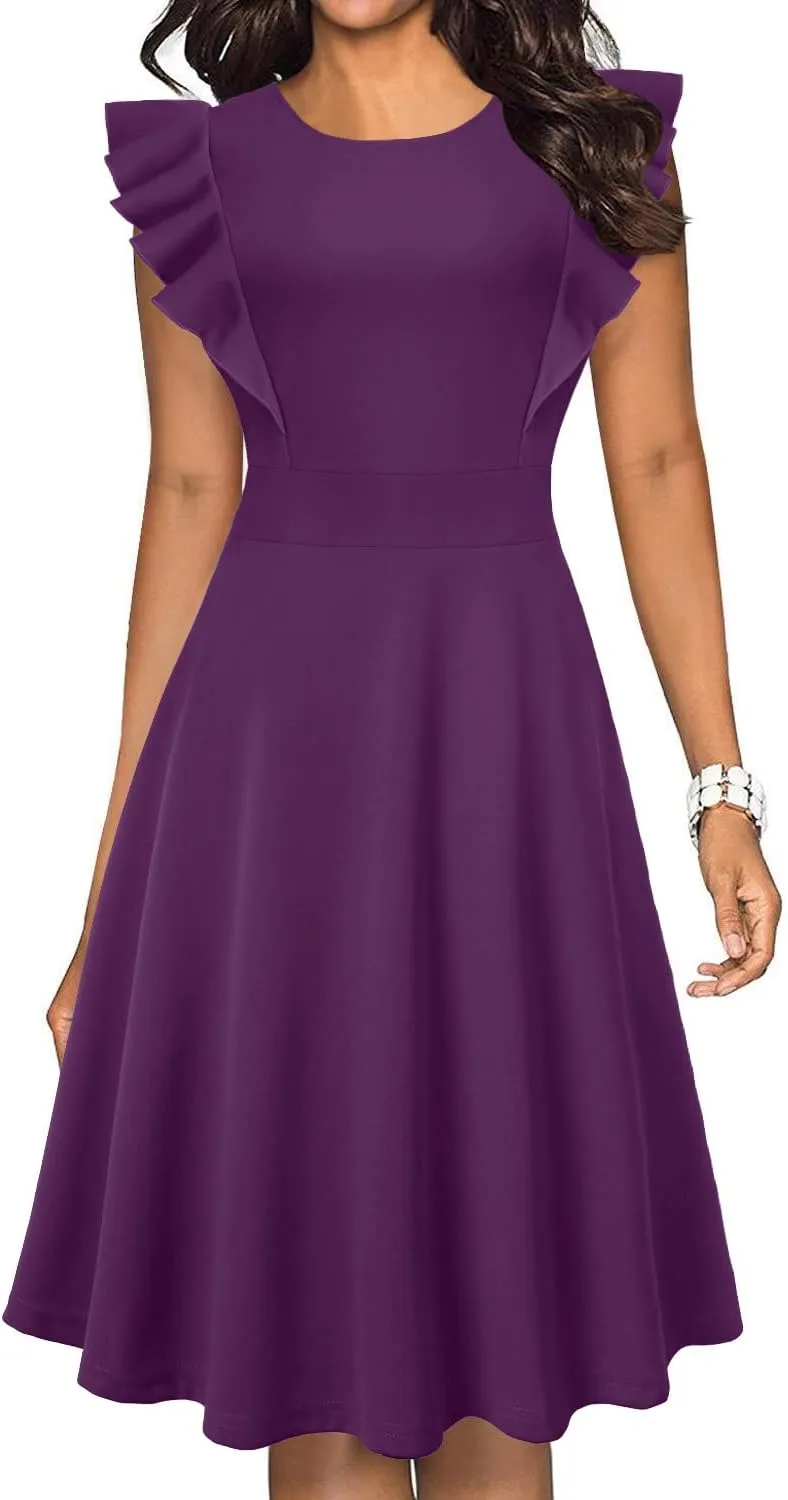 IHOT Women's Vintage Ruffle Floral Flared A Line Swing Casual Cocktail Party Dresses with Pockets