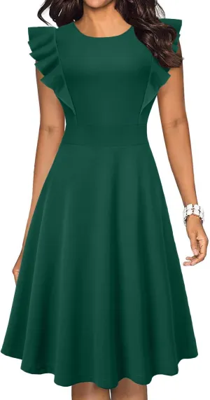 IHOT Women's Vintage Ruffle Floral Flared A Line Swing Casual Cocktail Party Dresses with Pockets