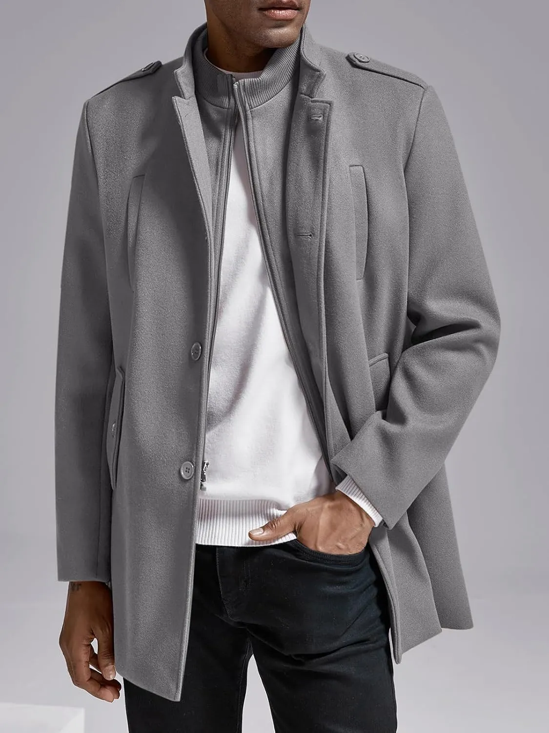 Karlywindow Mens Trench Coat Long Sleeve Stand Collar Single Breasted Pea Coat Casual Mid Long Slim Fit Overcoat with Pockets