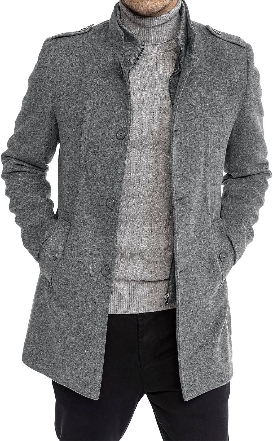 Karlywindow Mens Trench Coat Long Sleeve Stand Collar Single Breasted Pea Coat Casual Mid Long Slim Fit Overcoat with Pockets