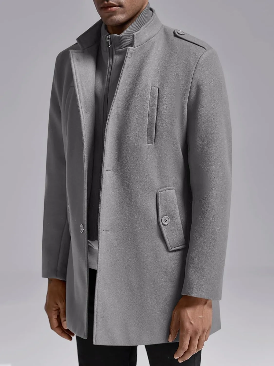 Karlywindow Mens Trench Coat Long Sleeve Stand Collar Single Breasted Pea Coat Casual Mid Long Slim Fit Overcoat with Pockets