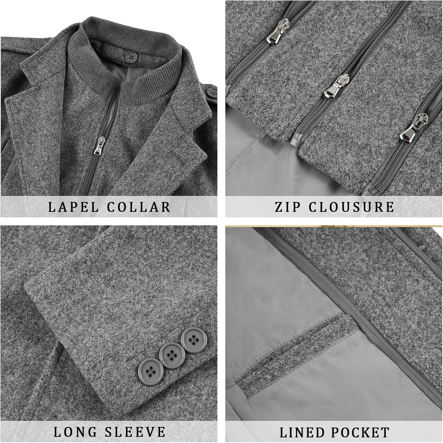 Karlywindow Mens Trench Coat Long Sleeve Stand Collar Single Breasted Pea Coat Casual Mid Long Slim Fit Overcoat with Pockets