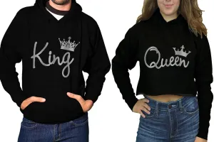 King QuKing & Queen Matching Hoodies - Women's Crop Top Hoodie & Men's Pullover, Sold Separately, Silver Foil Design