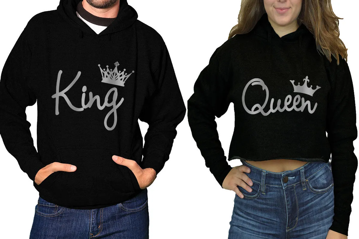 King QuKing & Queen Matching Hoodies - Women's Crop Top Hoodie & Men's Pullover, Sold Separately, Silver Foil Design