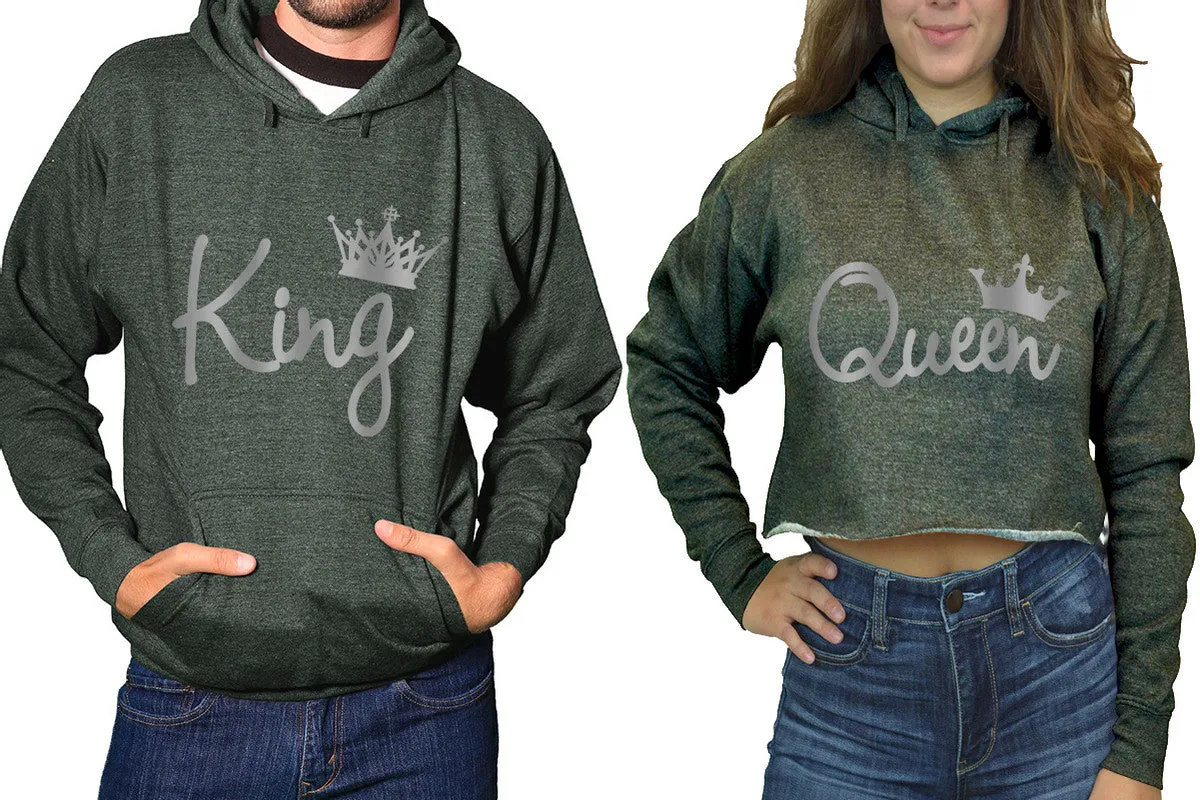 King QuKing & Queen Matching Hoodies - Women's Crop Top Hoodie & Men's Pullover, Sold Separately, Silver Foil Design