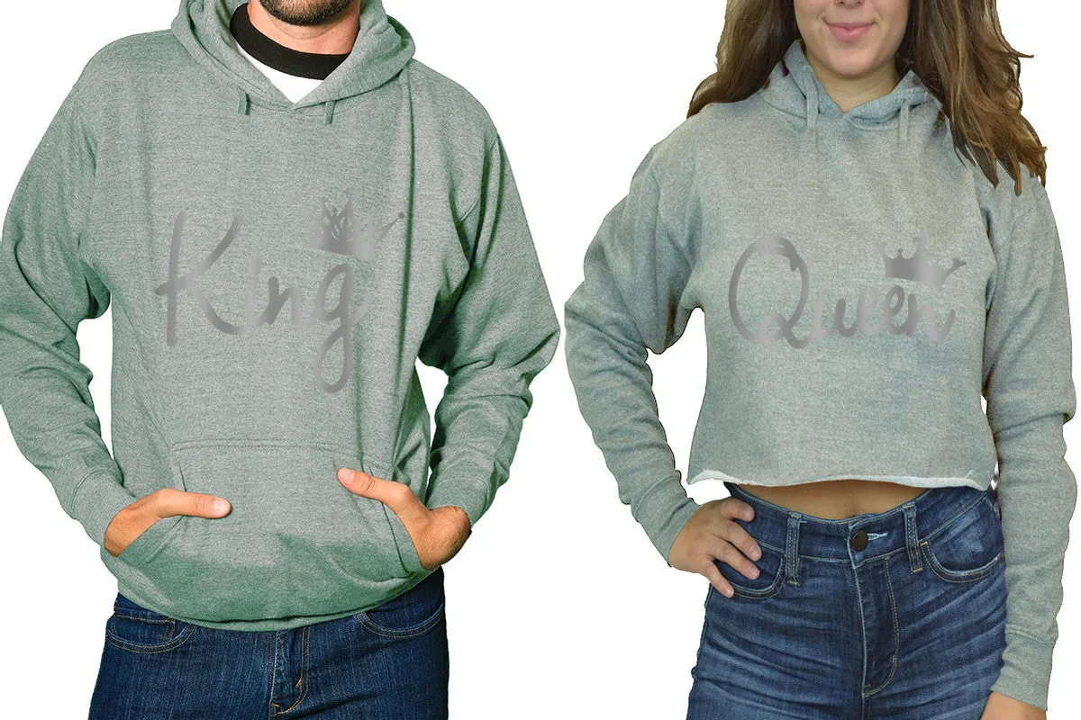 King QuKing & Queen Matching Hoodies - Women's Crop Top Hoodie & Men's Pullover, Sold Separately, Silver Foil Design