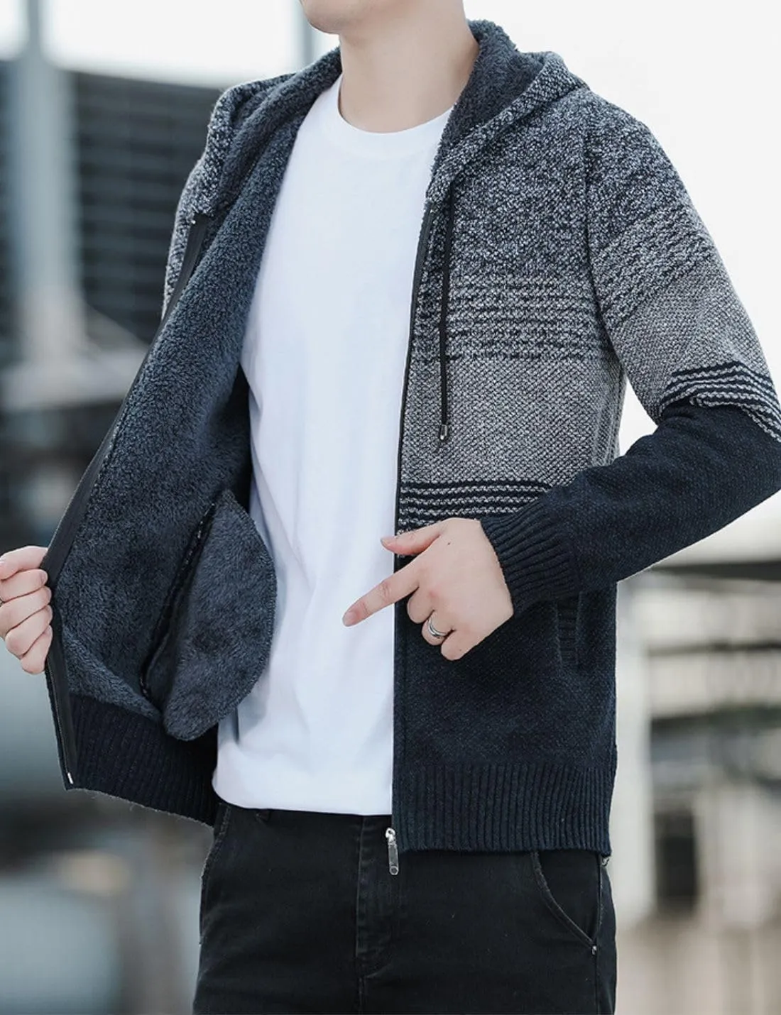 Kinkia Men's Zip Up Hoodies Casual Long Sleeve Full Zipper Sherpa Fleece Lined Knit Cardigan Sweater Jacket with Pockets
