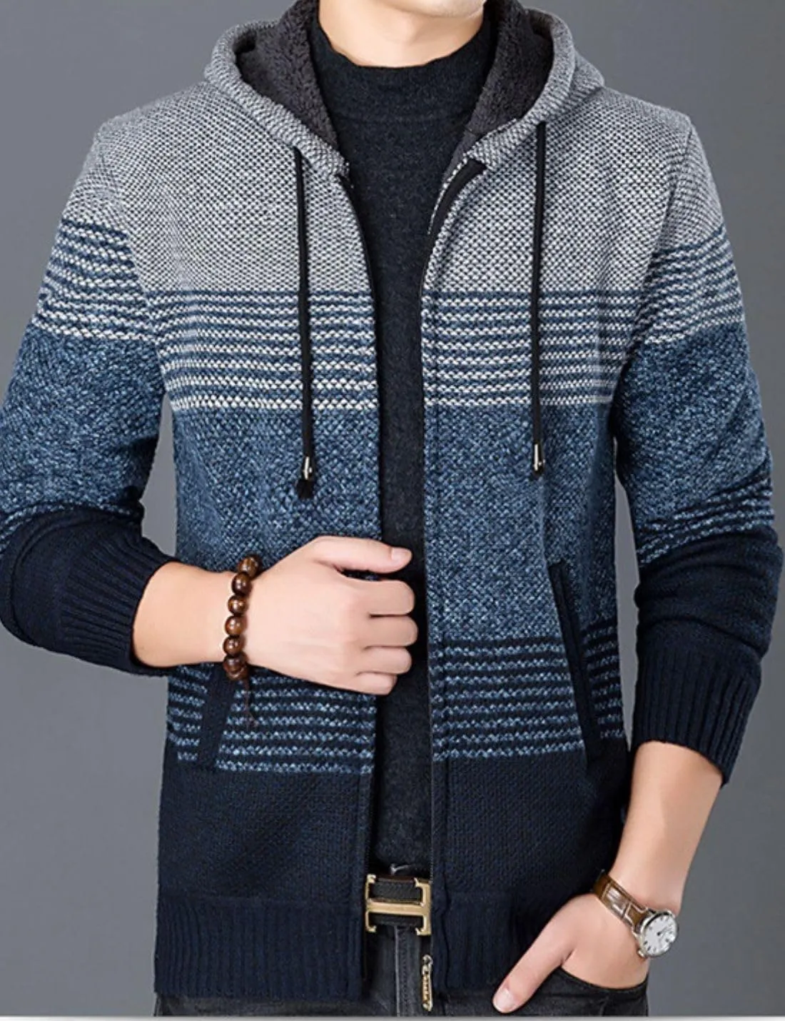 Kinkia Men's Zip Up Hoodies Casual Long Sleeve Full Zipper Sherpa Fleece Lined Knit Cardigan Sweater Jacket with Pockets
