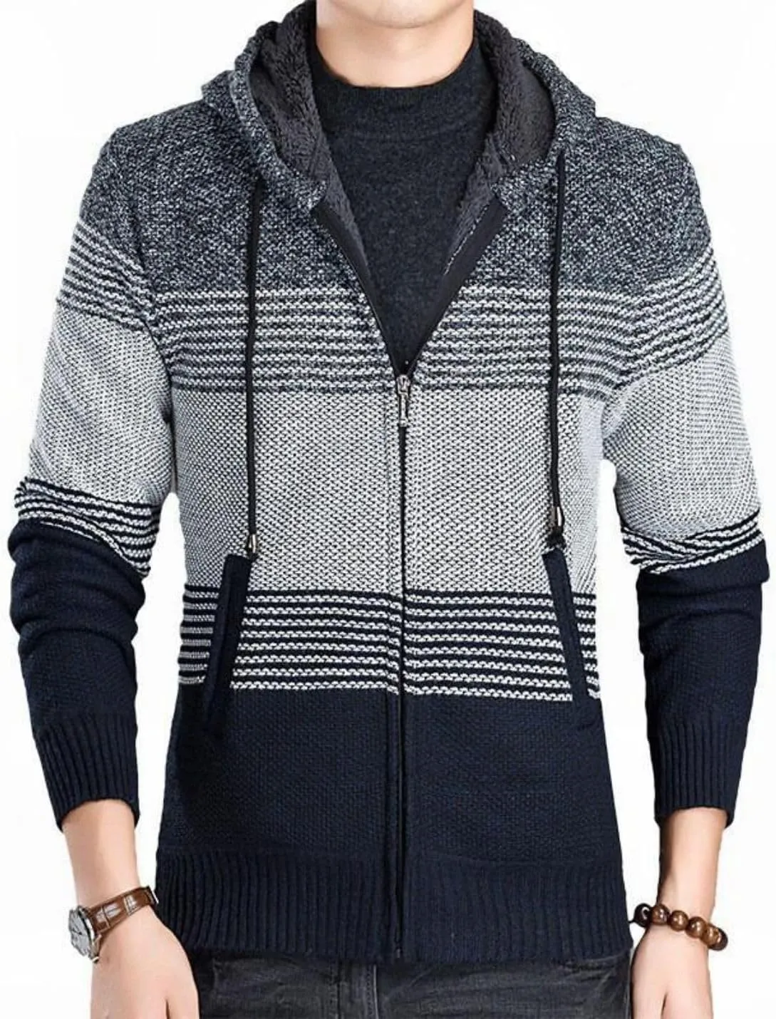 Kinkia Men's Zip Up Hoodies Casual Long Sleeve Full Zipper Sherpa Fleece Lined Knit Cardigan Sweater Jacket with Pockets