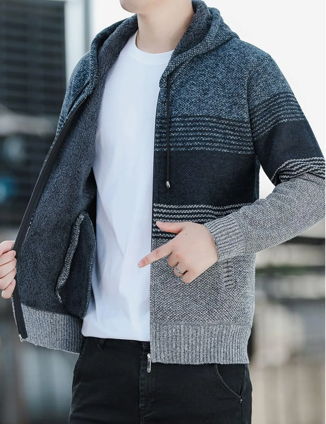 Kinkia Men's Zip Up Hoodies Casual Long Sleeve Full Zipper Sherpa Fleece Lined Knit Cardigan Sweater Jacket with Pockets