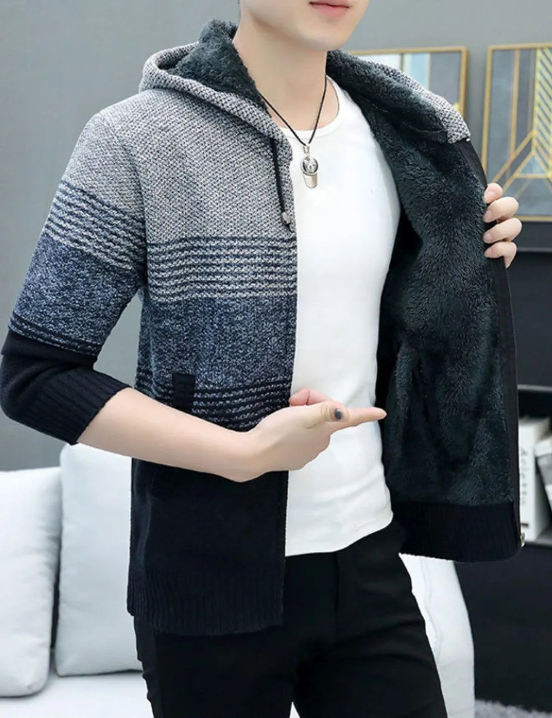Kinkia Men's Zip Up Hoodies Casual Long Sleeve Full Zipper Sherpa Fleece Lined Knit Cardigan Sweater Jacket with Pockets