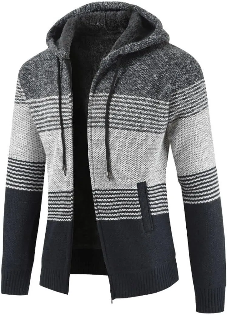 Kinkia Men's Zip Up Hoodies Casual Long Sleeve Full Zipper Sherpa Fleece Lined Knit Cardigan Sweater Jacket with Pockets