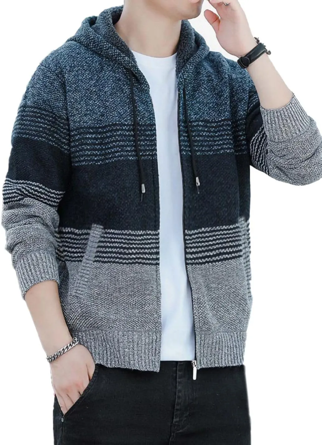 Kinkia Men's Zip Up Hoodies Casual Long Sleeve Full Zipper Sherpa Fleece Lined Knit Cardigan Sweater Jacket with Pockets