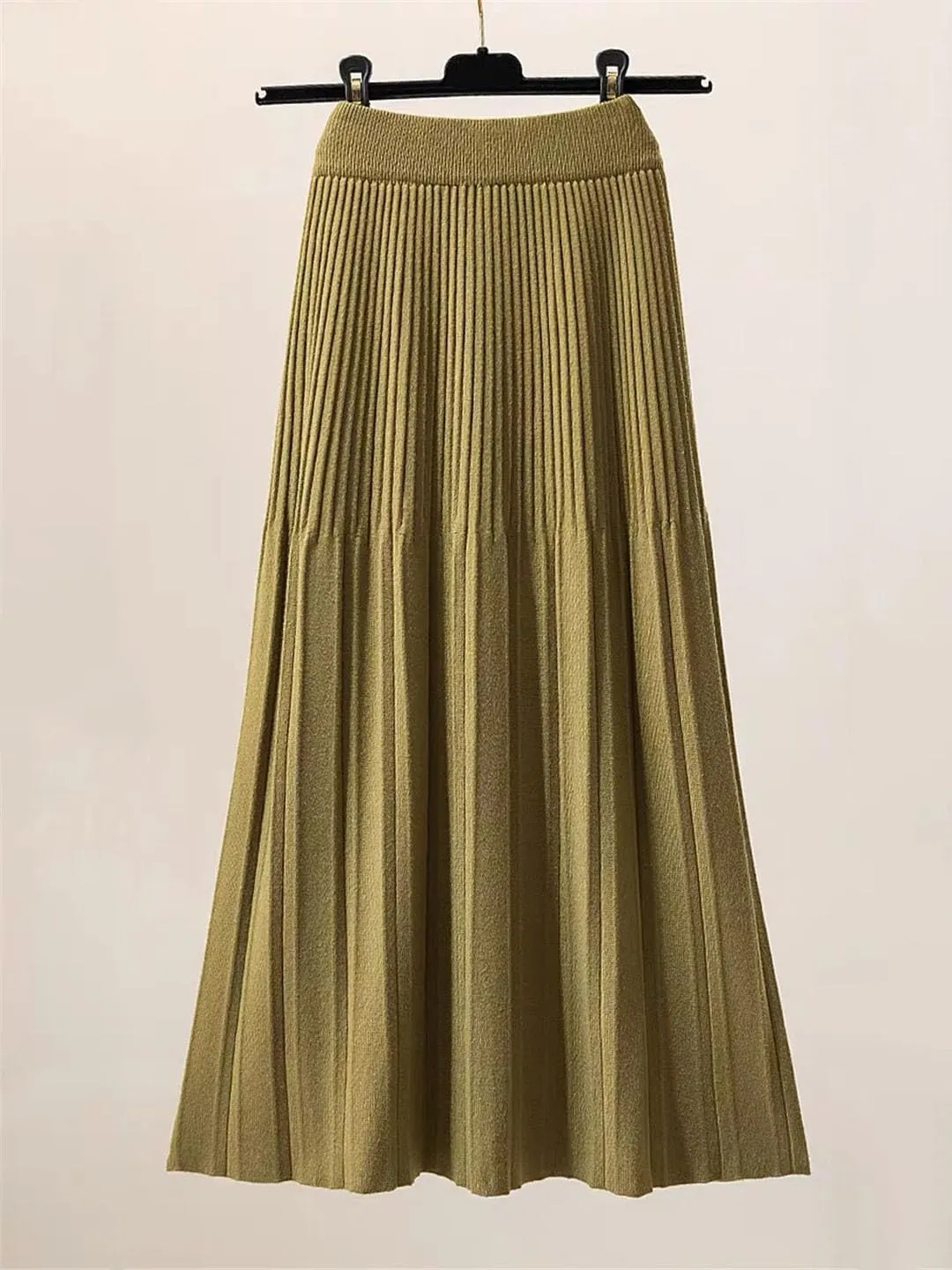 Knitted Pleated Skirt for Women Autumn Winter Thick Warm Casual All-Match A Line High Waist Midi Long Skirt