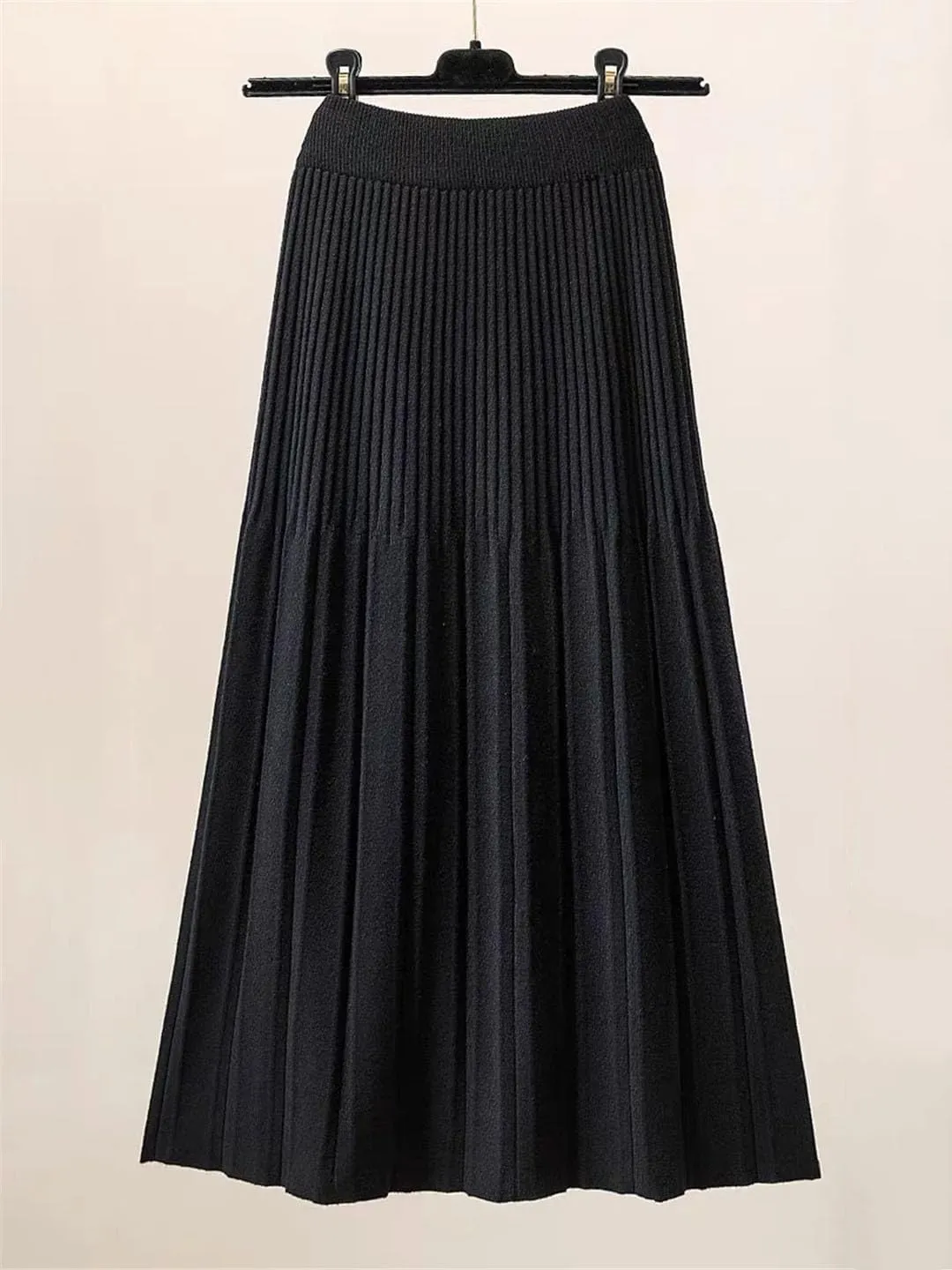 Knitted Pleated Skirt for Women Autumn Winter Thick Warm Casual All-Match A Line High Waist Midi Long Skirt
