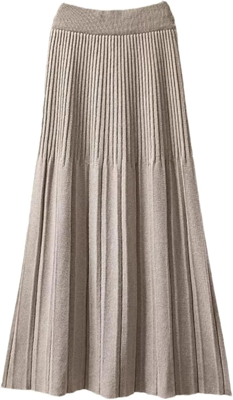 Knitted Pleated Skirt for Women Autumn Winter Thick Warm Casual All-Match A Line High Waist Midi Long Skirt