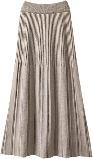 Knitted Pleated Skirt for Women Autumn Winter Thick Warm Casual All-Match A Line High Waist Midi Long Skirt