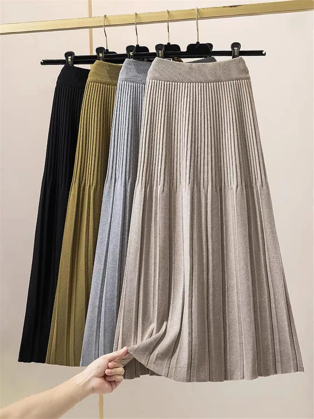Knitted Pleated Skirt for Women Autumn Winter Thick Warm Casual All-Match A Line High Waist Midi Long Skirt