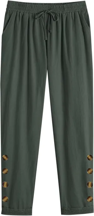 Linen Pants for Women Fashionable Solid Color Drawcord Button Lace Casual Wide Leg Trousers Summer Outfits for Women