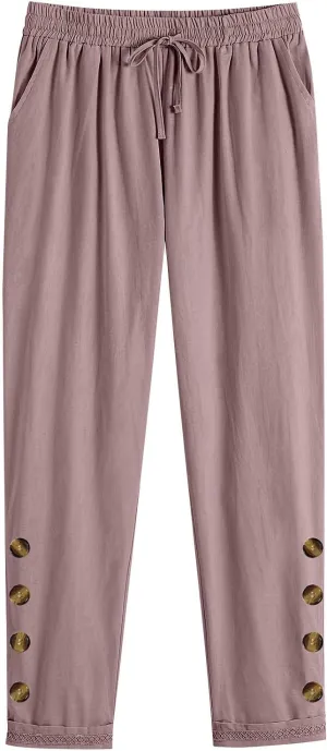 Linen Pants for Women Fashionable Solid Color Drawcord Button Lace Casual Wide Leg Trousers Summer Outfits for Women