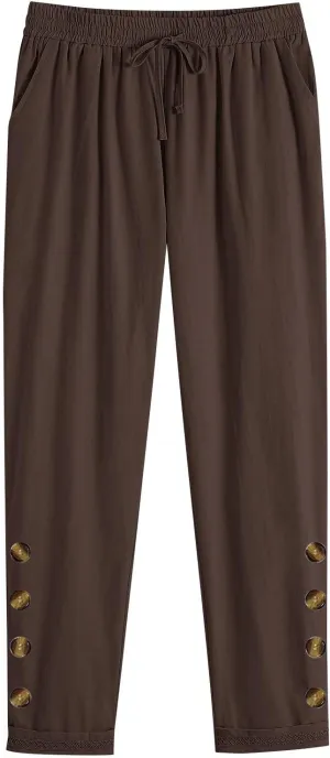 Linen Pants for Women Fashionable Solid Color Drawcord Button Lace Casual Wide Leg Trousers Summer Outfits for Women