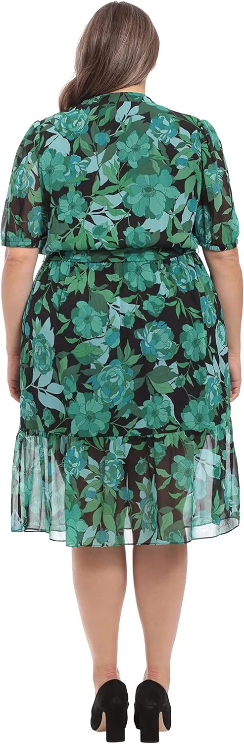 London Times Women's Keyhole Neckline Tie Waist Flounce Hem Feminine Midi Dress Guest of Wedding Office Cocktail
